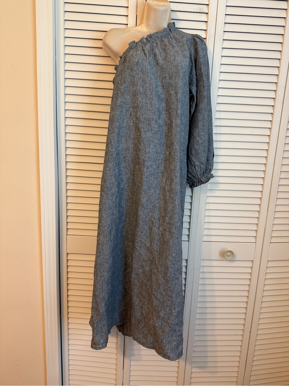 Lake Milly Midi Dress Navy Blue Linen Small Ruffle Coastal Nautical Beach Resort - Picture 2 of 9